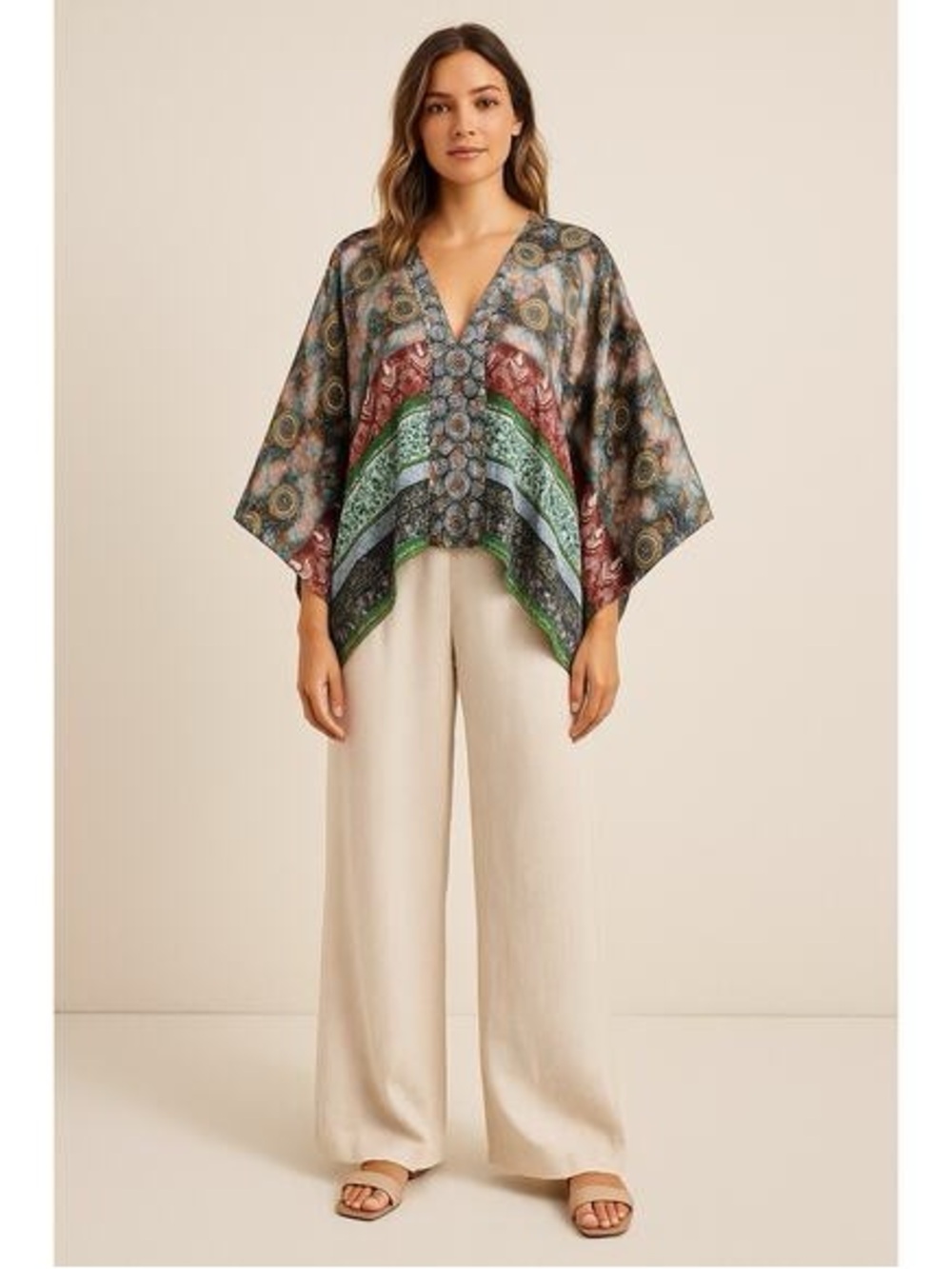 Anthropologie Multicolor V-Neck Printed Poncho Top